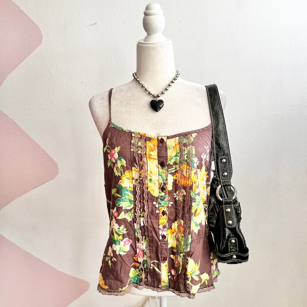 Brown Floral Lace Trim Tank Top Y2K 2000s Cottagecore Boho Vintage‎ Medium